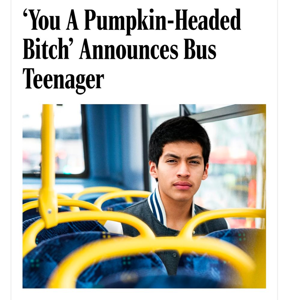 onion headline: 'You A Pumpkin-Headed Bitch’ Announces Bus Teenager

image shows a rude teen glaring at the camera while seated on a city bus