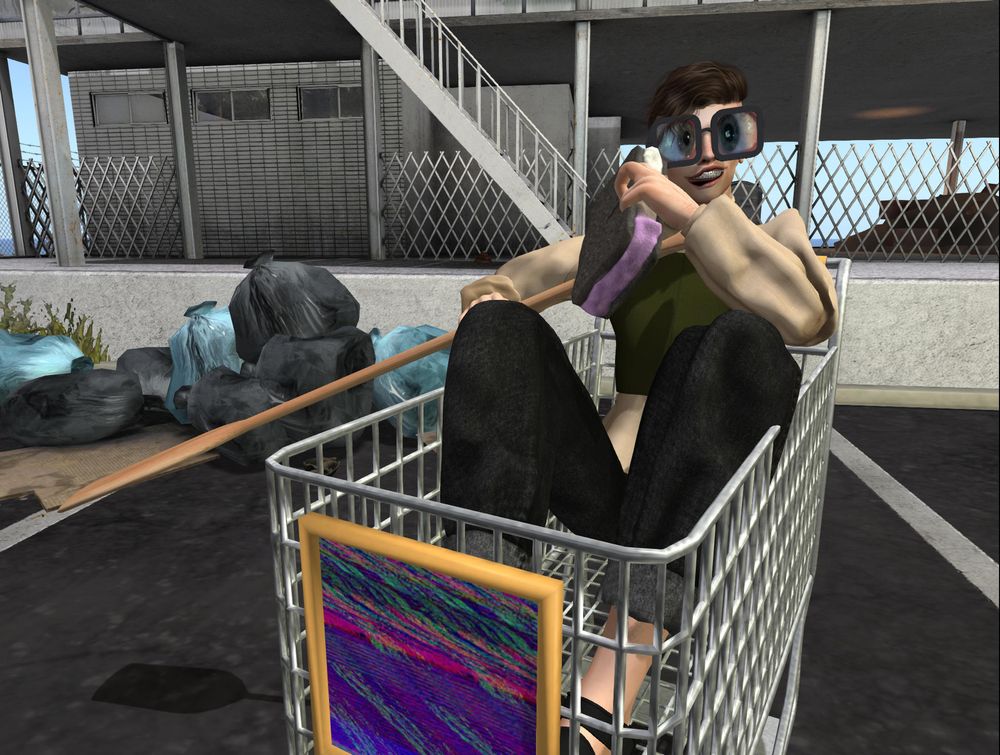 A screenshot from Second Life showing Signal Linden in a grocery cart. He is holding a giant ice cream sandwich and grinning.