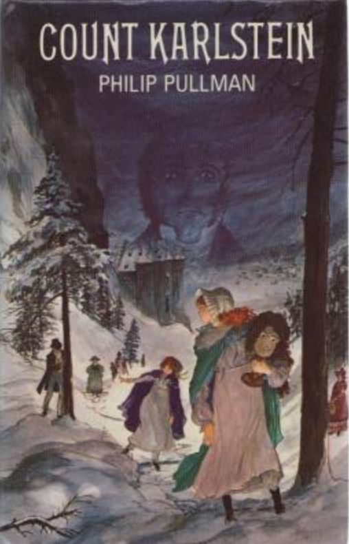 The cover of the first edition of the book *Count Karlstein* by Philip Pullman, showing a drawing of people in period dress fleeing through a snowy mountain landscape, presumably from a man in a high collar whose huge face ominously looms in the dark sky.

Is the movie *US*? 