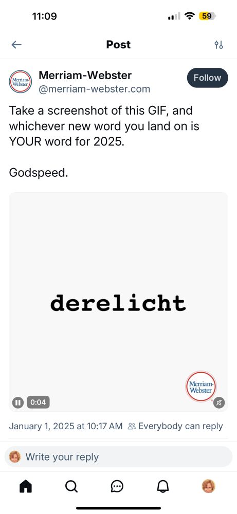 Screenshot surprisingly shows the word derelict when the user had planned a new year full of health and productivity.