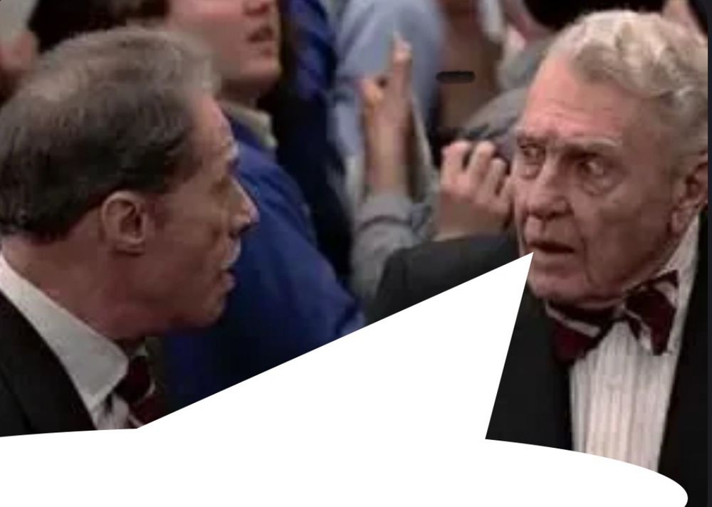 Mortimer and Randolph from the movie Trading Places with a speech bubble to the quoted text, after they lost their money on frozen concentrated orange juice futures