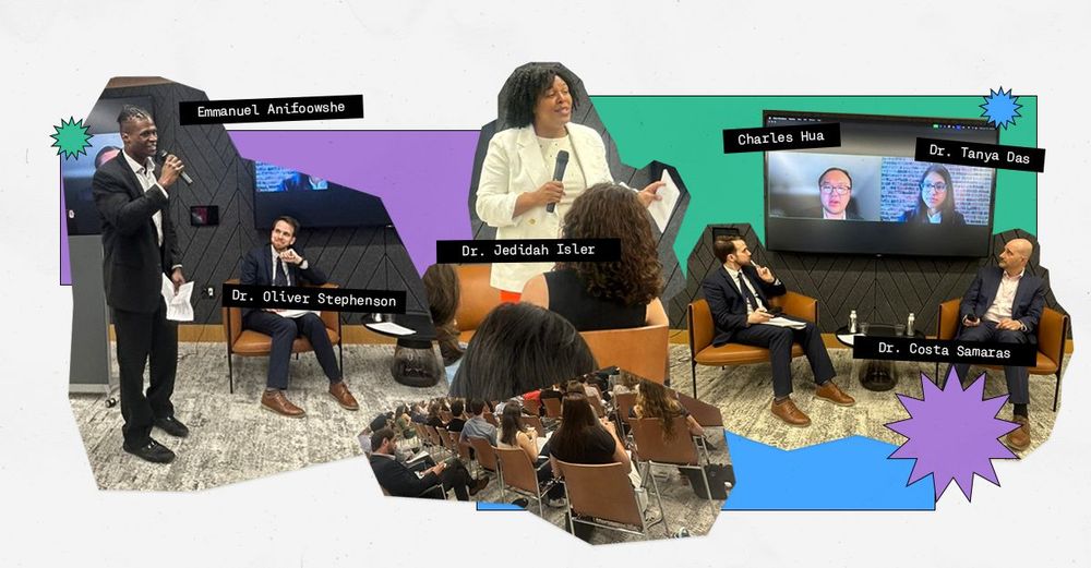 collage picture of a panel, a man standing in a dark suit (Emmuel Anifoowshe), man siting in a chair (Dr. Oliver Stephenson), a woman in w white suit with a microphone (Dr. Jedidah Isler), a group of people sitting in chairs, a screen with Charles Hua and Dr. Tanya Das on it, and Costa sitting in a chair and looking at the screeen,