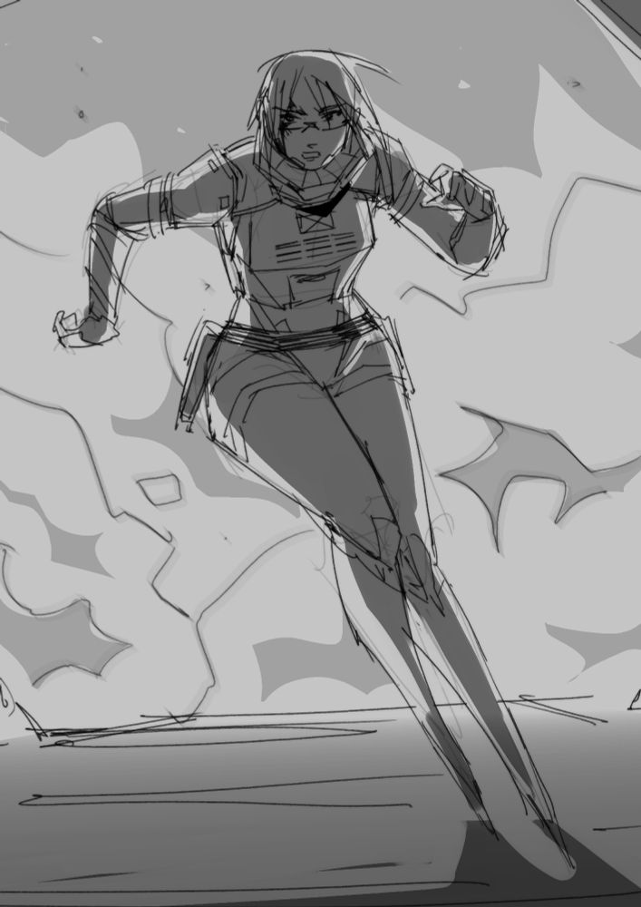 rough sketch of Elster from Signalis, she's running away from a fire/explosion and is wearing the white combat armor