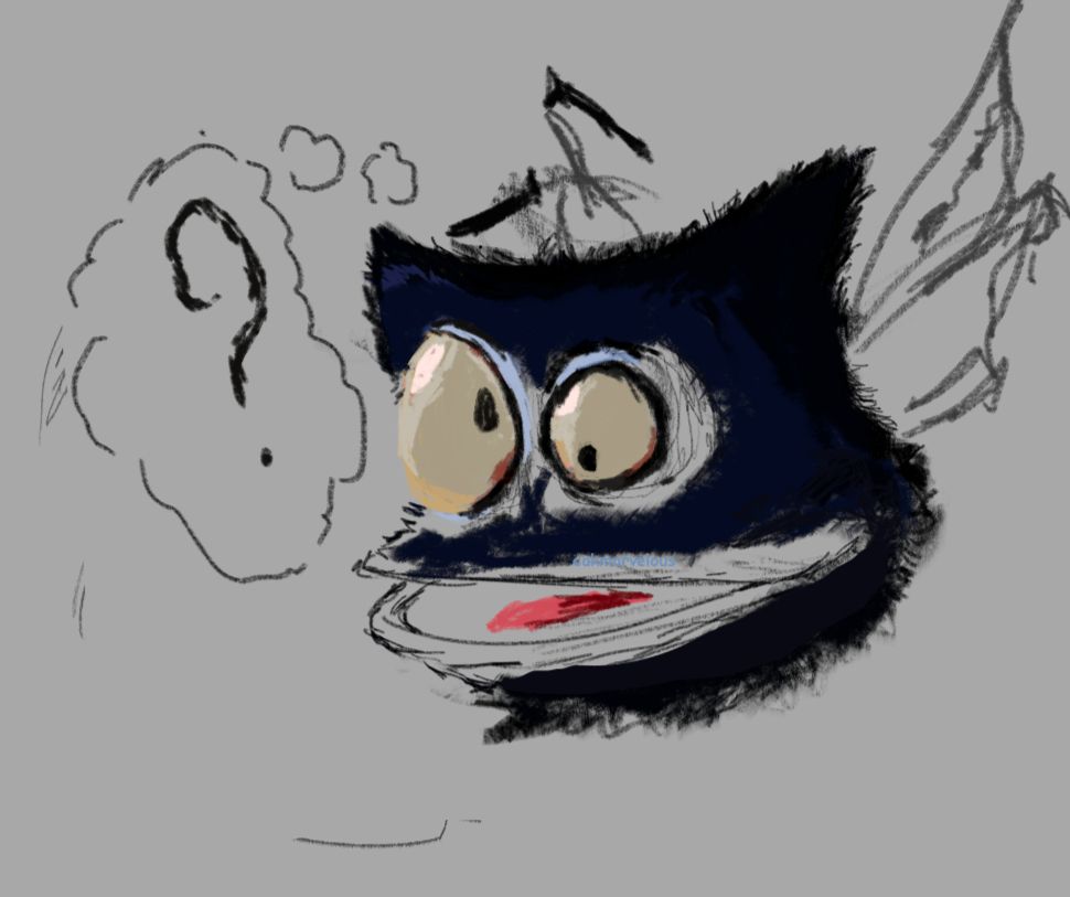 dessin digital d'un lums noir, une petite boule de poils noire avec des ailes et un regard perdu