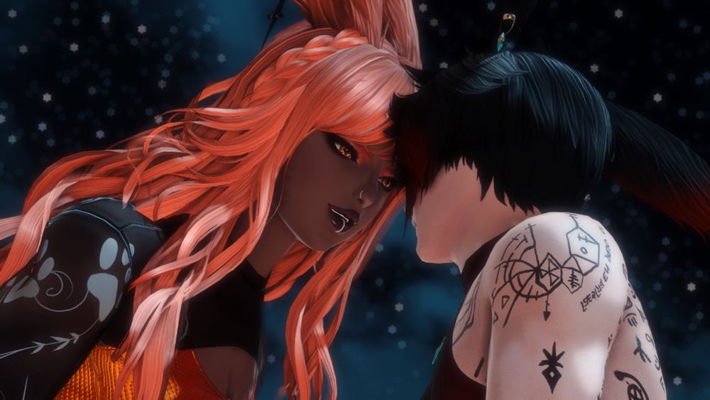 She leans in closer, their foreheads nearly touching, as a teasing smile plays on her lips.