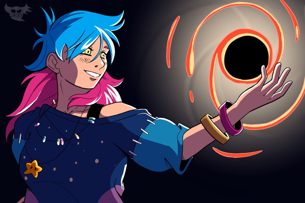 A girl with blue and pink hair had her hand raised around a black hole she created.