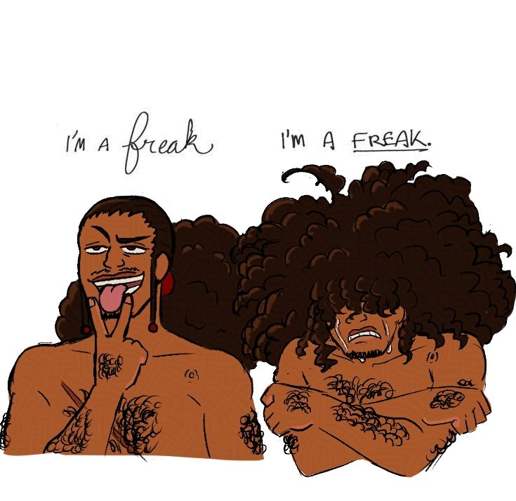 The image is of the pre - and post timeskip designs of Mobiissimo's character Dion. The Dion on the left (Which is Post timeskip, his hair tied back into a ponytail) is raising his eyebrow and smirking with his tongue out and making a "V" shape with his hand right below it. Above him are the words "I'm a freak" with the word "freak" written in cursive. 
The Dion on the right (which is pre timeskip, where his hair is out and covering his eyes) is holding himself and crying while cringing down into himself. Above this one is the words "I'm a freak" with an underline under the word "freak"