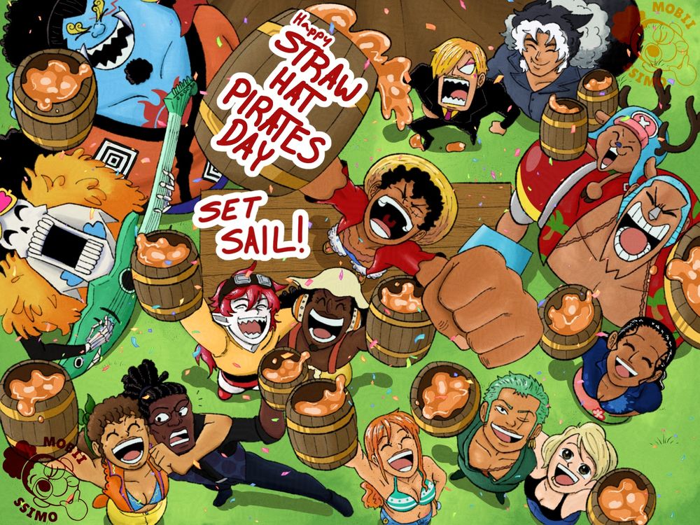 This is a celebratory image with the Straw hat Pirates on the Thousand Sunny's grass deck. They are next to the main mast with a table in the middle. Luffy is standing in the middle, raising his fist in the air with a barrel looking cup and spilling the drink that's inside. He has his usual big smile on his face. Next to Luffy, on the ground stands Usopp and 4rthur-k.bsky.social‬'s Oc Arthur! They're both holding on to each other, raising their cups with big smile as well, the drink inside raising with it. Both their eyes are shut. On the bottom of the screen from left to right are Mobiissimo's oc Coral and morgthemenace.bsky.social‬'s Oc Amir. Coral is pulling Amir into a friendly headlock as they both raise their cups. Coral's eyes are closed while smiling, and Amir is looking at her in surprise, unaware that Coral would do this. Next to them is Nami, Zoro, and @qveenkoopa.bsky.social‬'s Oc Maki all smiling and raising their cups with the liquid spilling slightly as well. Nami's eyes are shut while Zoro and Maki are looking at the viewer. On the furthest right side, going up the image is Robin below Franky and Chopper. Robin is smiling, holding her right hand up with her cup. Franky is doing the same, and Chopper is sitting on his right shoulder (the viewer's left). And above them, going off to the left of the top image, Sanji and @bluebatberry.bsky.social's Oc Zane. Zane is giving a soft smile while holding onto Sanji's waist. Sanji has a comedic angry expression looking up at Luffy because his drink has spilled out and nearly fell onto the cook's shoes. Past Luffy's coupon the top left side of the image are Jinbei and Brook. Jinbei is raising his cup with a big toothy grin, and Brook is looking at the viewer while holding his guitar up! In the middle of the image on Luffy's cup and the side of the table, it reads, "HAPPY STRAW HAT PIRATES DAY! SET SAIL!" and on the top right and bottom left corners of the screen are Mobiissimo's watermarks.