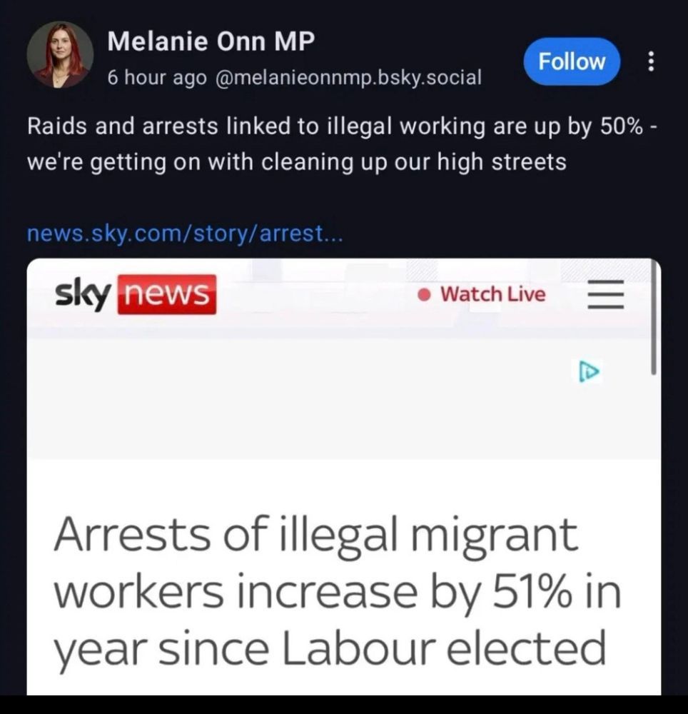 A screenshot of a since-deleted Skeet from Mel Onn MP claiming to be "cleaning up our high streets" by arresting migrants.