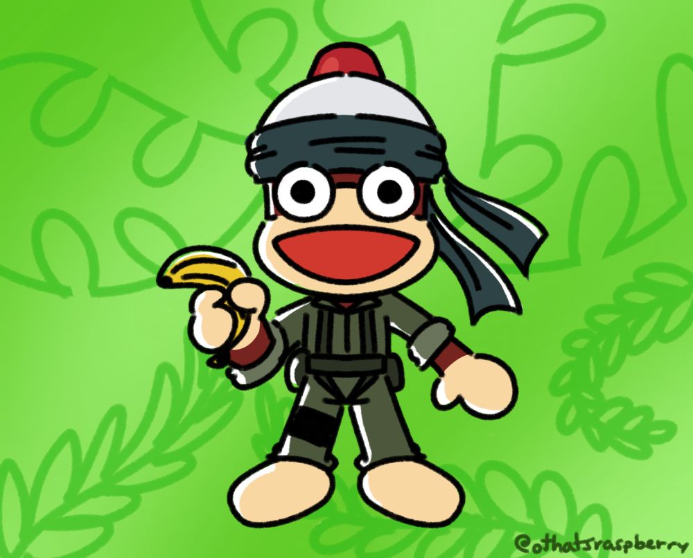 a pipo saru from ape escape dressed as naked snake with a banana gun