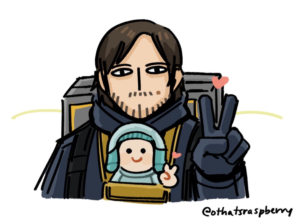 doodle of sam and lou from death stranding 2 doin peace signs