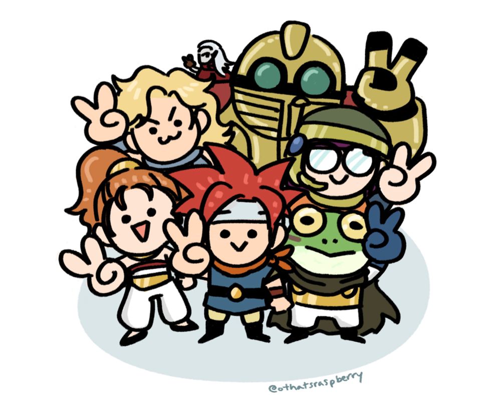 the cast of chrono trigger making peace signs