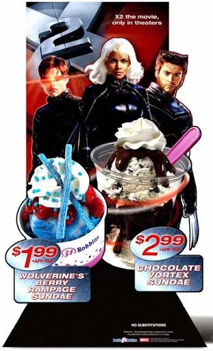 X2 baskin robbins collab featuring Wolverine’s Berry Rampage Sundae ($1.99) and Chocolate Vortex Sundae ($2.99)