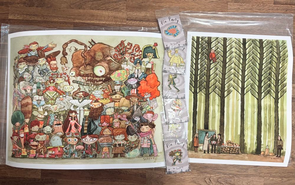 merchandise from Scott C’s shop
- a print of watercolor art featuring all the characters from Psychonauts
- a print of watercolor art featuring the scene from Twin Peaks where Agent Cooper performing The Tibetan Method
- 6 enamel pins of Psychonauts characters 
