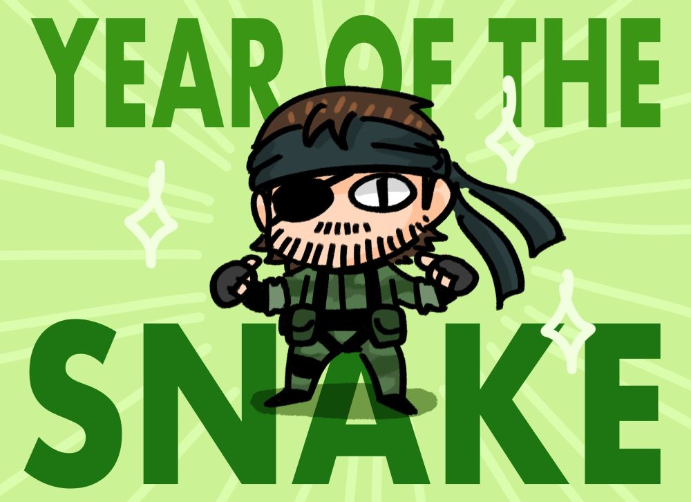 a silly doodle of naked snake from metal gear solid 3 with the text “year of the snake”