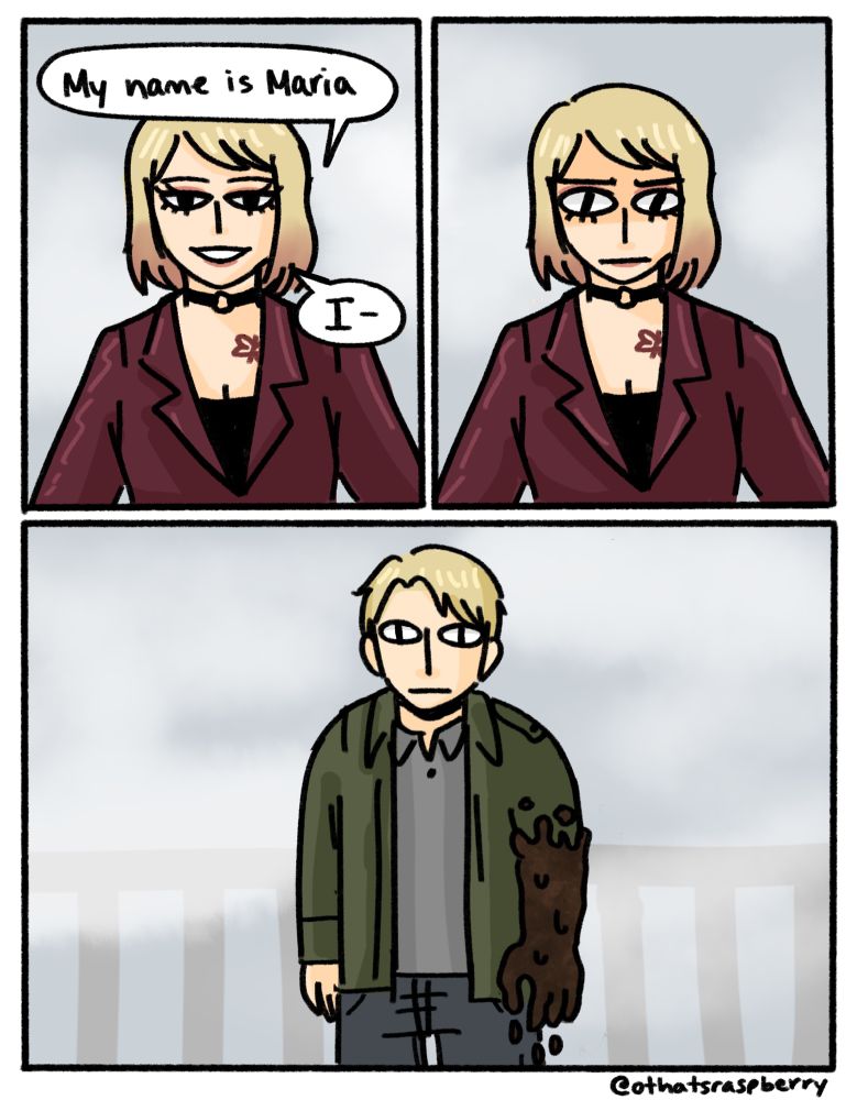 Maria says, “my name is maria. I-“
she then looks down in shock
james is standing there with post-toilet poop arm