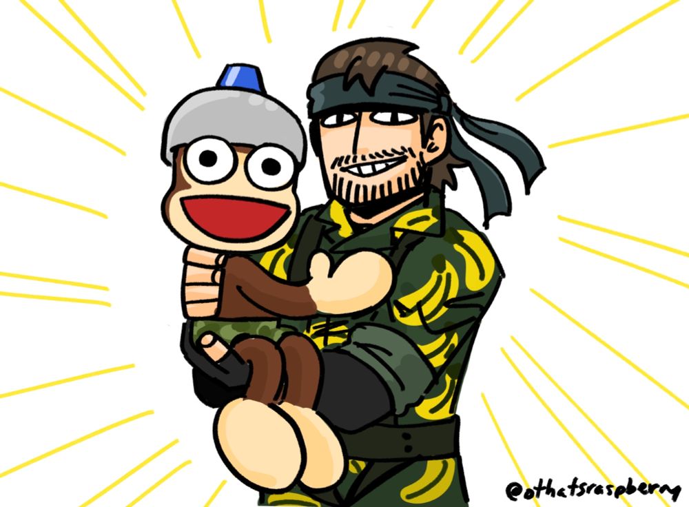 doodle of naked snake holding a pipo monkey and grinning like a dingus
