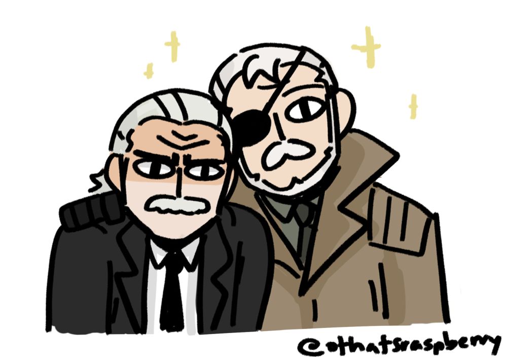 doodle of mgs4 big boss with his hand on a very uncomfortable old snake’s shoulder