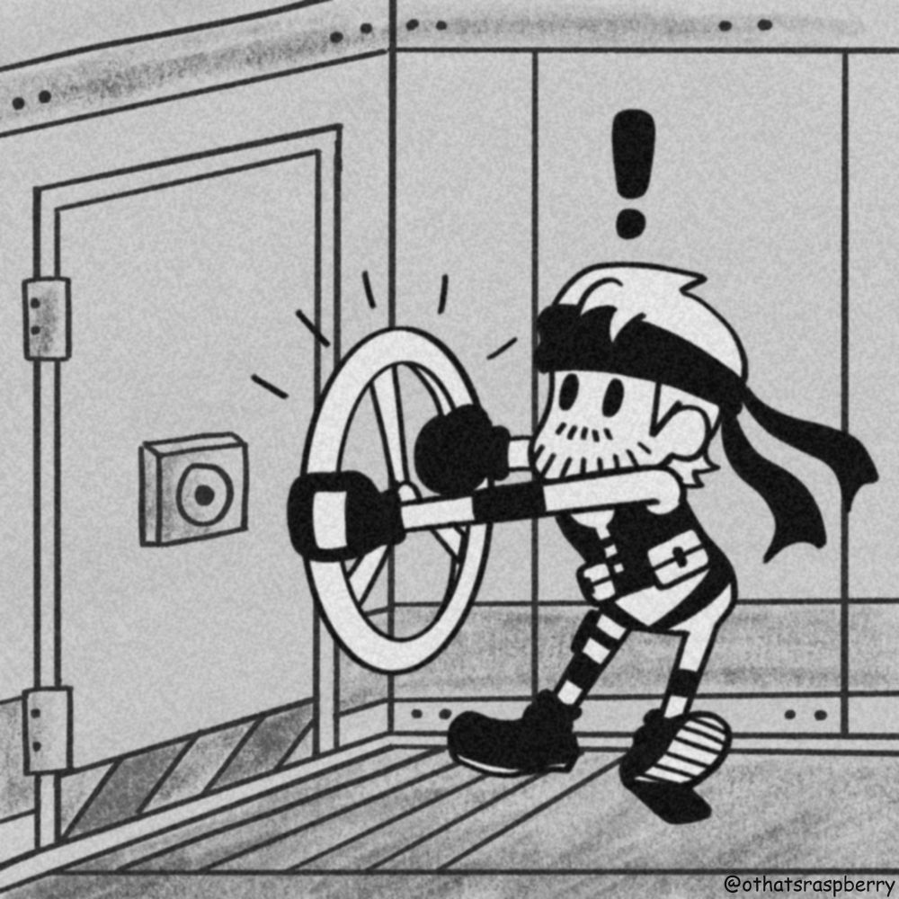 Solid Snake drawn in the Steamboat Willie style, at the moment in MGS2 where he accidentally pulls off the door handle