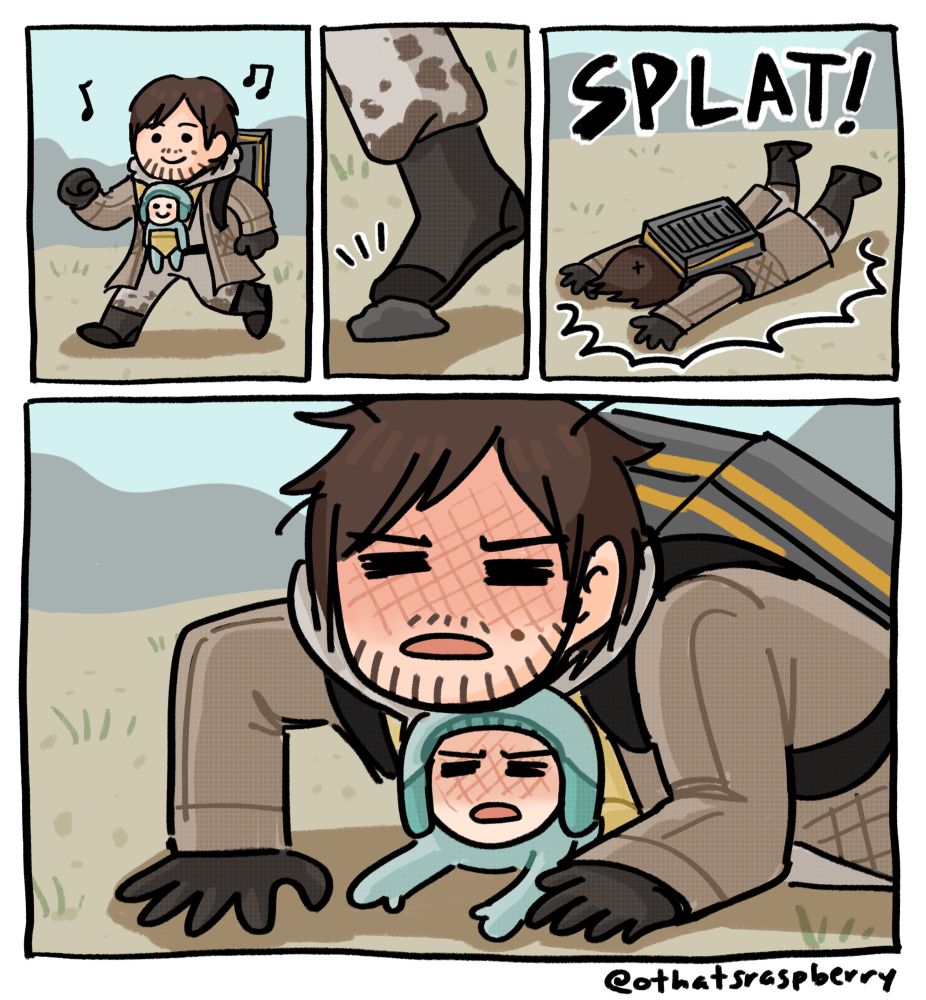 death stranding 2 comic by me
Sam & Lou walking along
Sam trips and goes SPLAT
Sam and Lou pushing themselves up with miserable scraped faces 