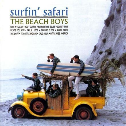 Early Beach Boys album cover showing the band members posed on a surf/tiki styled Model A Ford pickup hot rod on a dandy shore. 