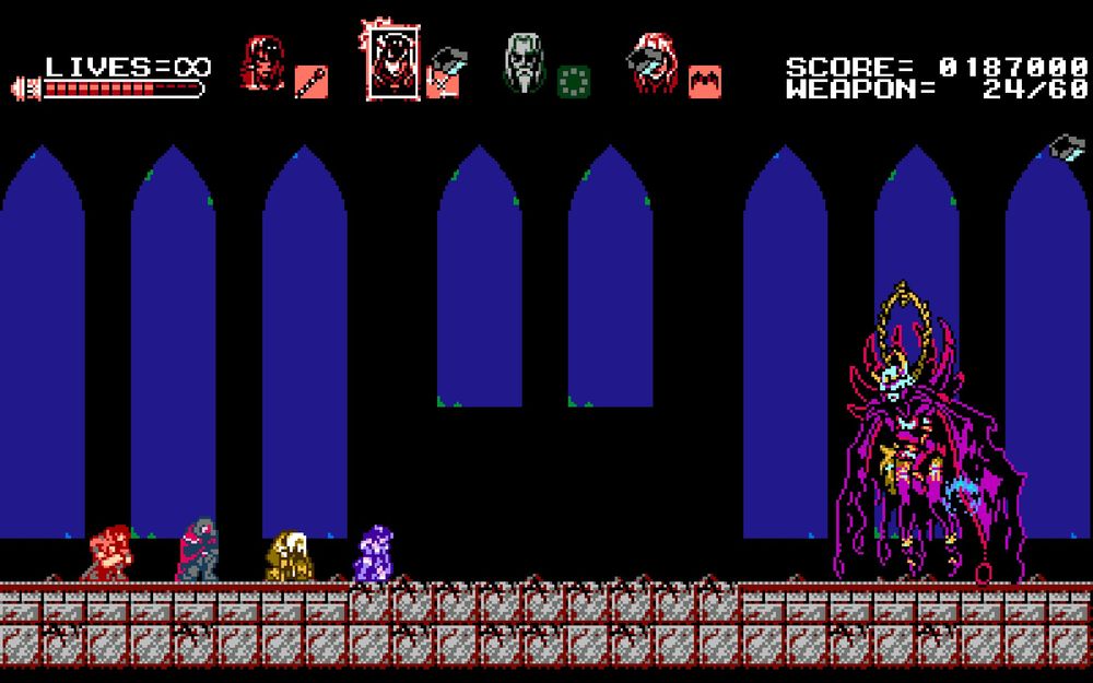 The four protaganists from left to right: Zangetsu, a cursed swordsman. Gebel, a shard binder that slightly resembles Alucard from Castlevania. Alfred, an elder alchemist. And last but not least Miriam, the younger shard binder. They kneel in front of Gremory, just before she ceases to be.