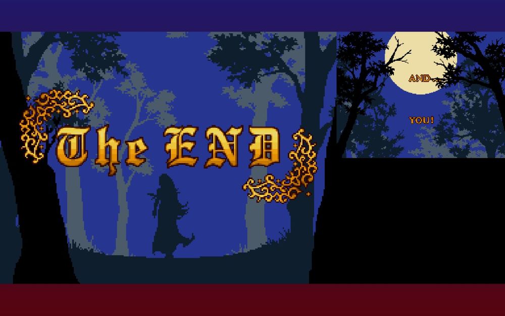A silhouette of Shanoa standing amongst trees in the dead of night with the text "The END" in the foreground.
