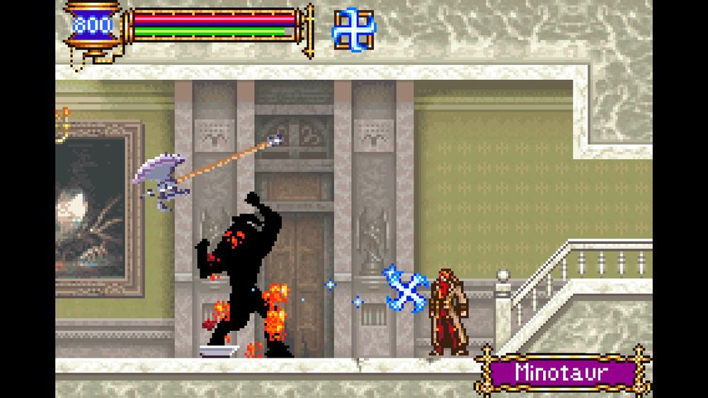 Julius Belmont using a magic cross to thwart a Minotaur.