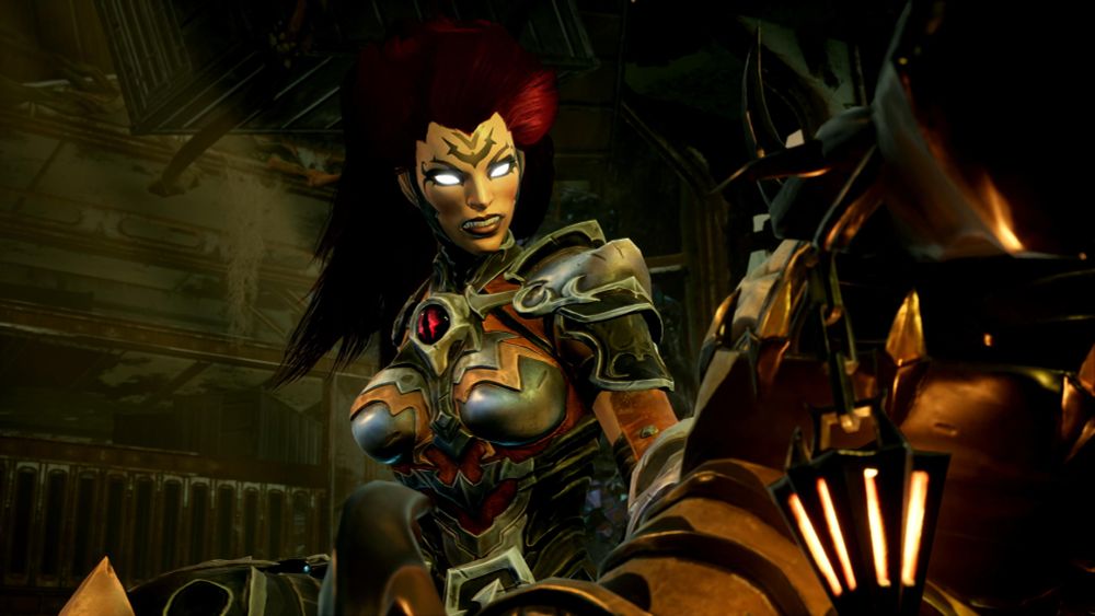 Screenshot from Darksiders 3: Fury, one of the four horsemen looking down upon Lust, one of the (now defeated) seven deadly sins.