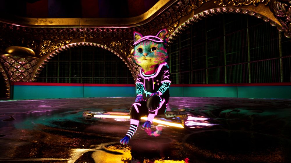 Gori, a rainbow colored synthetic cat is found sitting on his hoverboard.