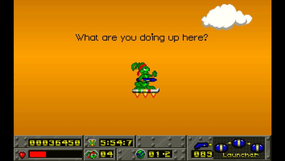 Jazz Jackrabbit standing on a hoverboard in an orange sky, with text above that reads "what are you doing up here?".
