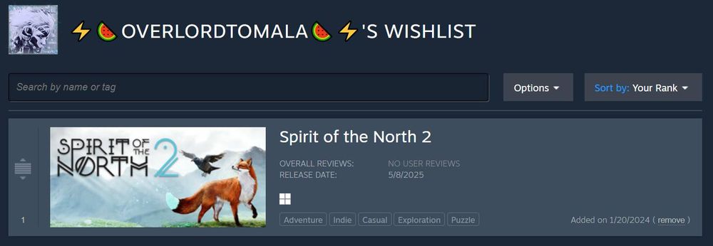 My Wishlist on Steam with Spirit of the North 2 being at the top.