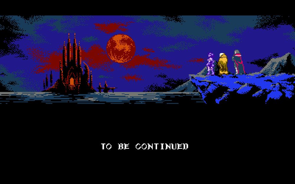 Miriam, Alfred and Gebel stand outside a castle. There is a red moon in the dark twilight sky. At the bottom of the image is text that reads "To Be Continued".