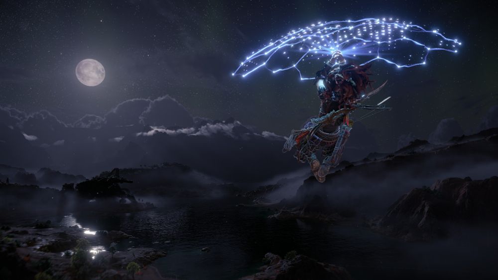 Aloy gliding through the night sky.