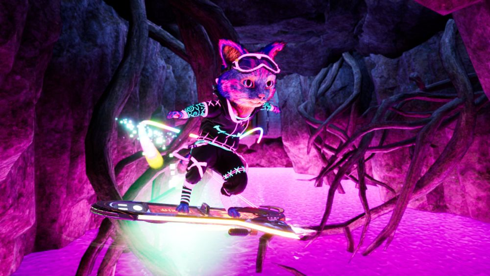 Gori rides through a pink colored swamp on his hoverboard.