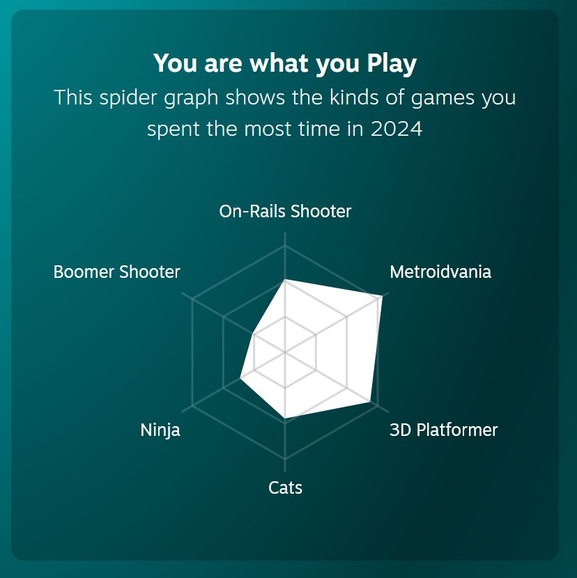 A Spider Graph showing the kind of games I spent most of my time in during 2024. The genres are:

On Rails Shooter
Metroidvania
3D Platformers
Cats
Ninja
Boomer Shooter