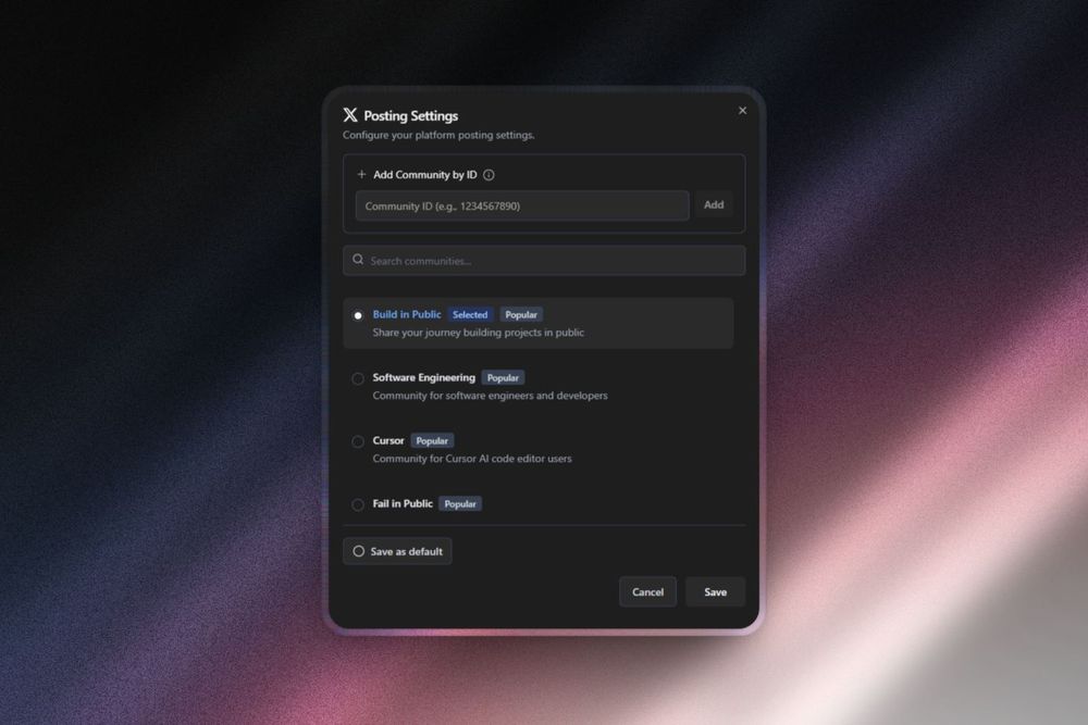 BIG update guys! 💥

SocialRails now supports posting to X communities!

Just select a community or add one manually, and schedule the post.

And yes this post was posted using SocialRails :)