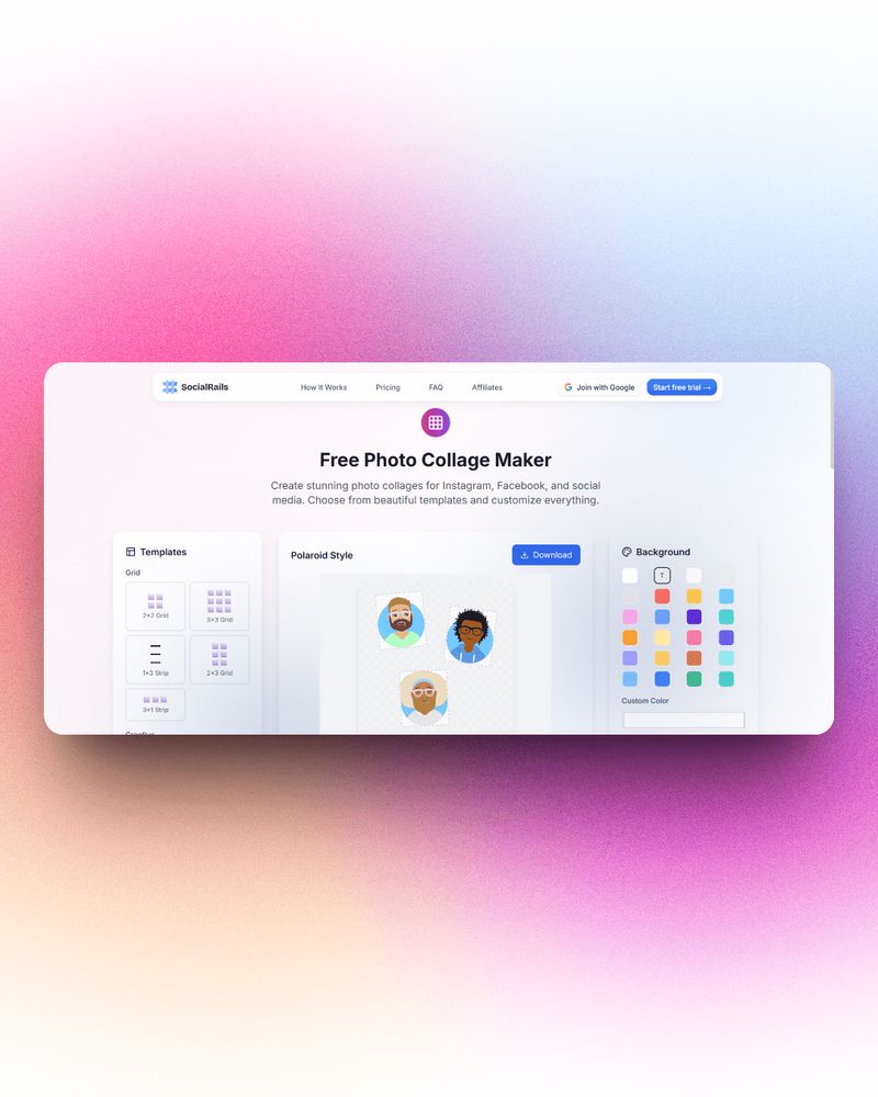 Made a fun little free tool, a collage maker

Check it here: (Doesn't work that well on mobile yet)
https://socialrails.com/free-tools/collage-maker