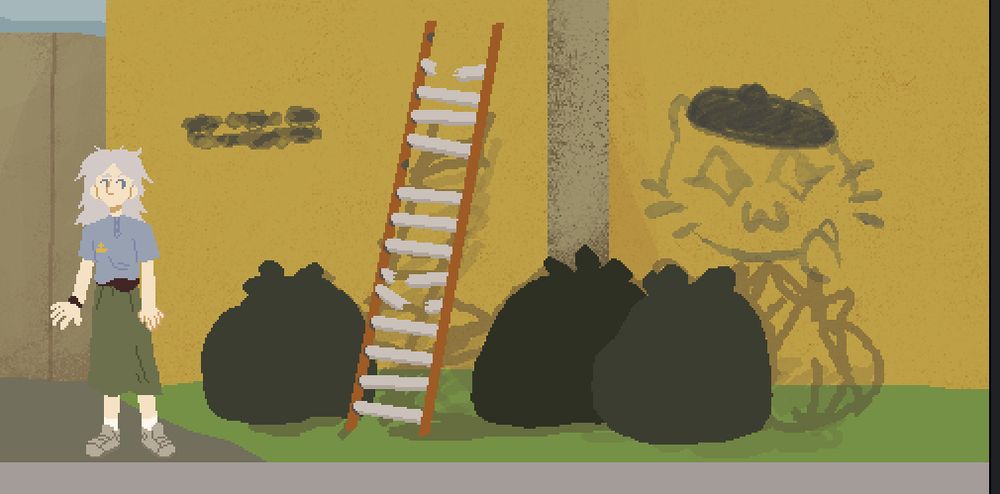 print de um cenário em pixel art do muro de um lixão pixado com uma gainha fazendo um positivo com o dedo usando uma boina. o pixo da gatinha é velho, mas o da boina é claramente mais recente