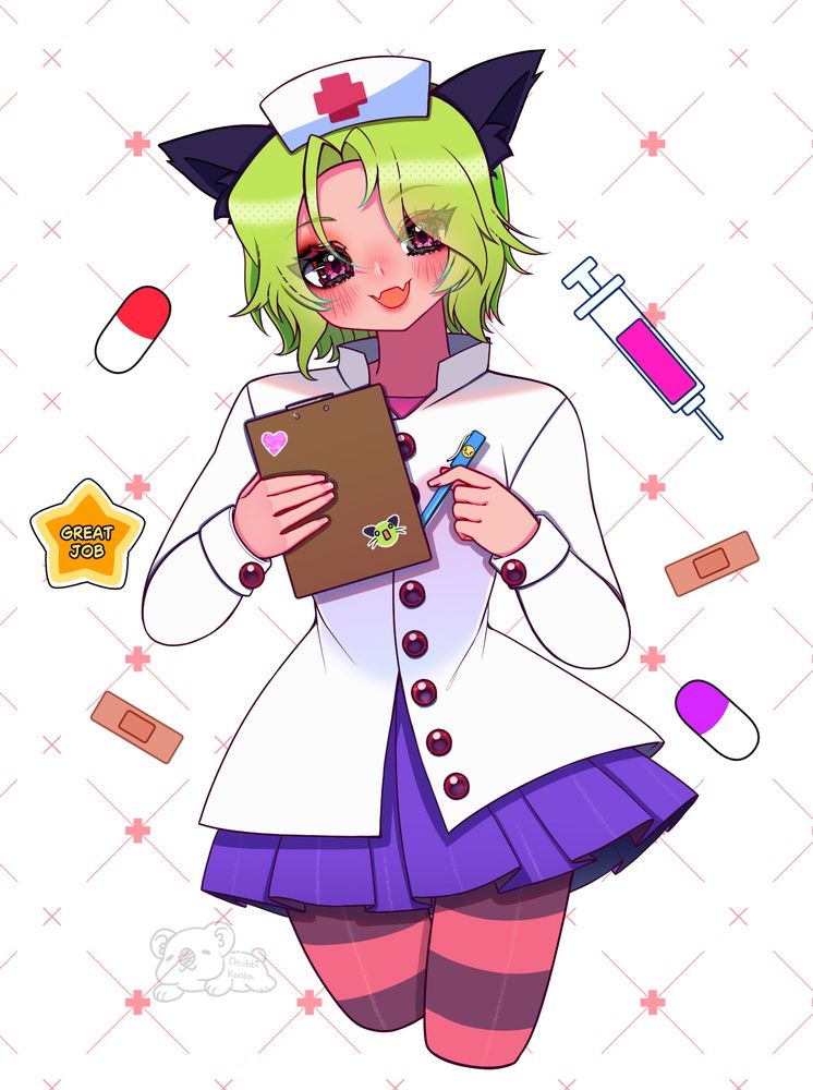 Doodle of Oolyviaa’s OC Midori. Midori is holding a clipboard and pen. 