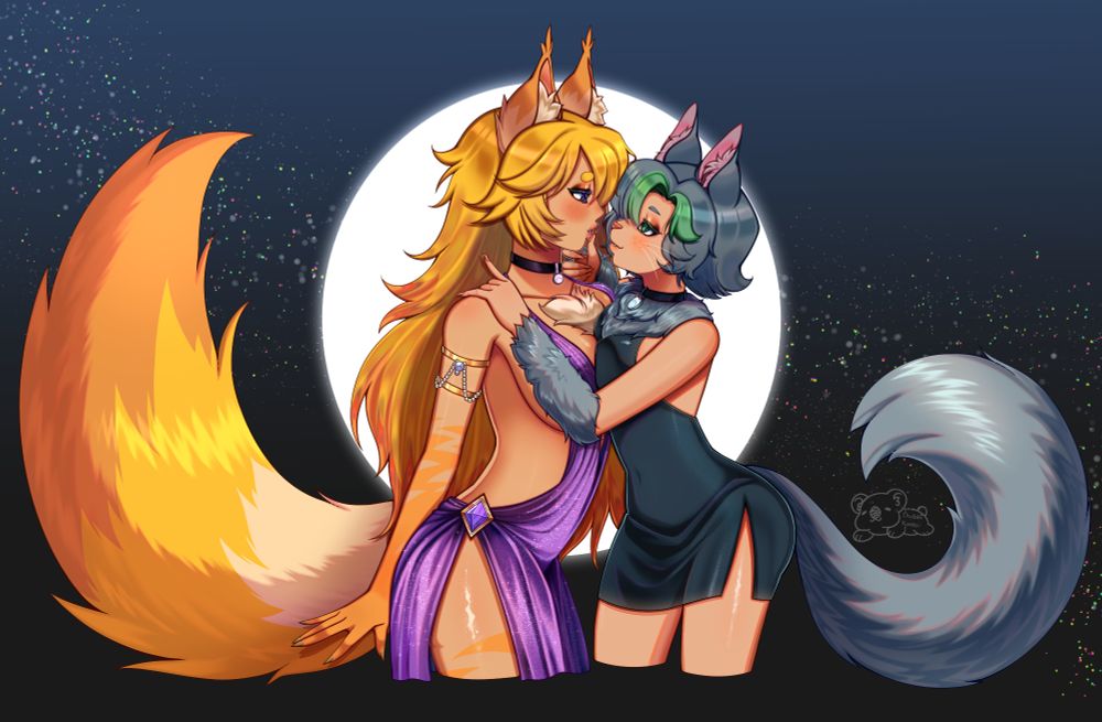 A drawing of Christine (left) and Sophie (right). They are both in party attire. Sophie is leaning into Christine and lifting her chin up. Sophie's thumb is pressing against her girlfriend's lip. The two are from the game Runes of Pandemonium.