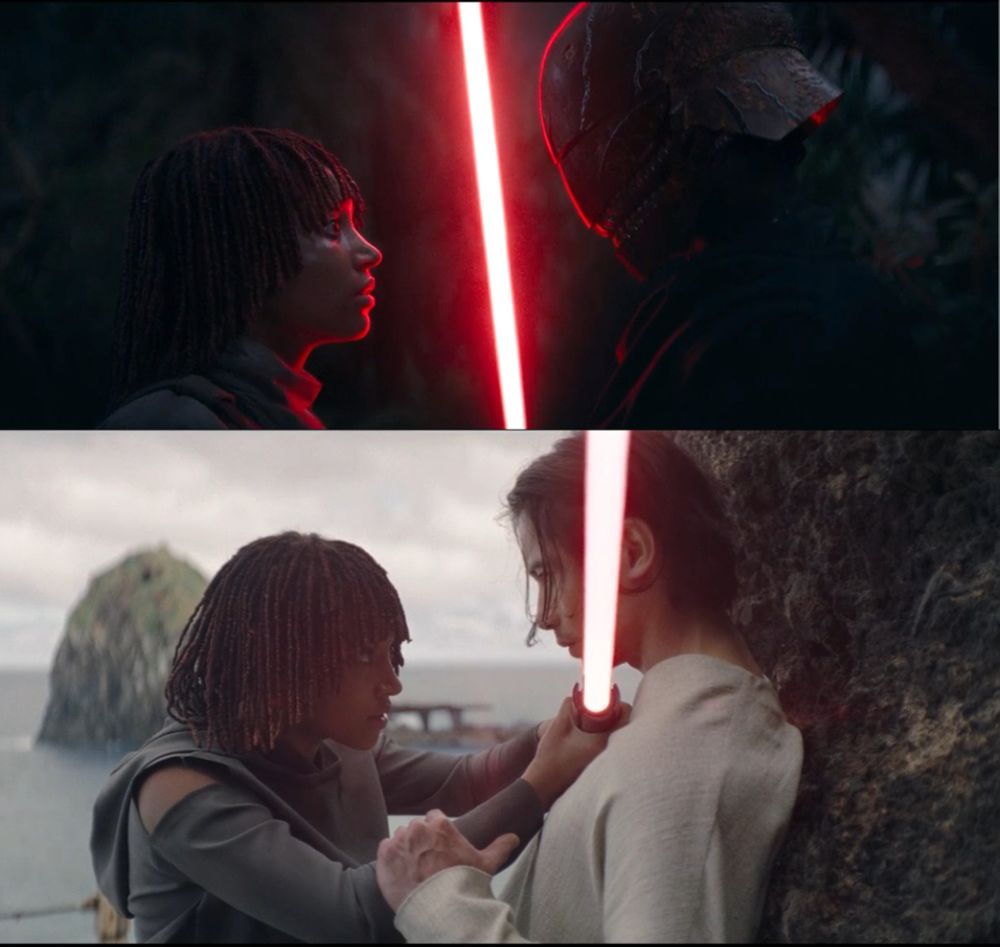 top image of the stranger and osha as he lights his saber between them (first official meeting) the bottom image of osha holding the same saber to qimir's throat as he tried to connect with her and has his hand on her arm