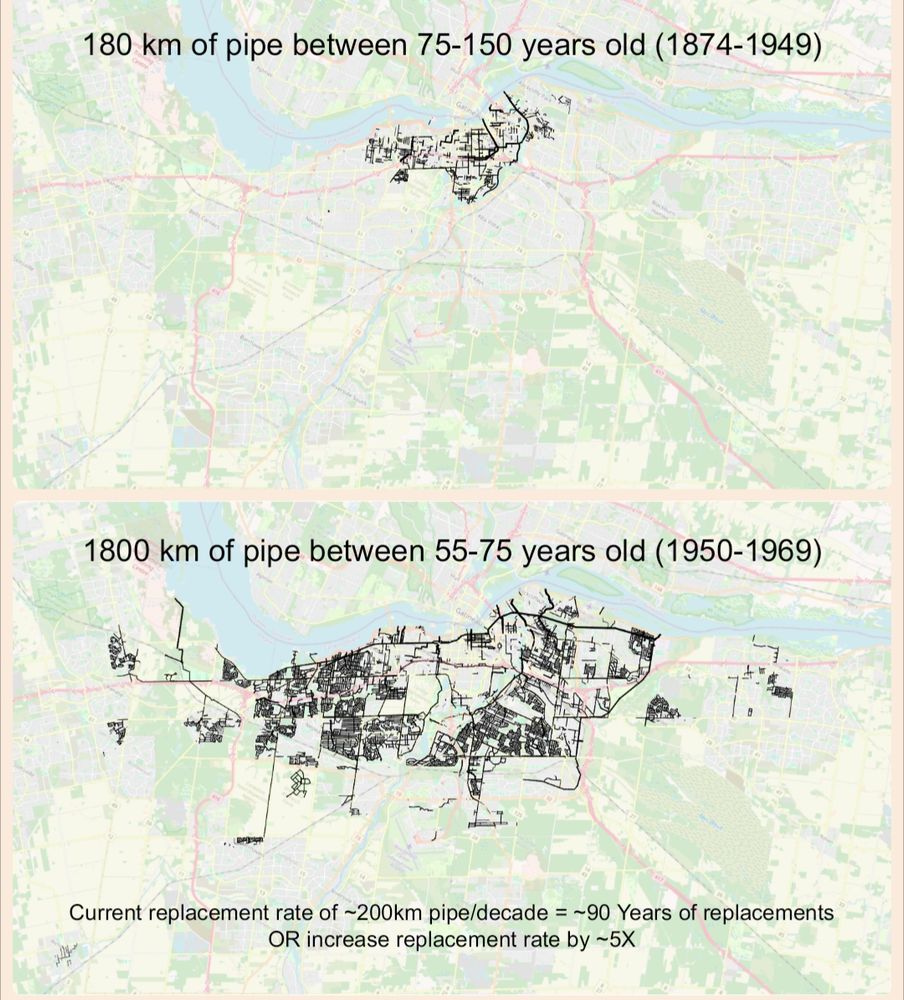 A map of Ottawa showing the small amount of 75 to 150 year old water and sewer pipe remaining in the old part of the city (180km), next to a map showing the 1800km of pipe laid down over the 1950s and 60s.