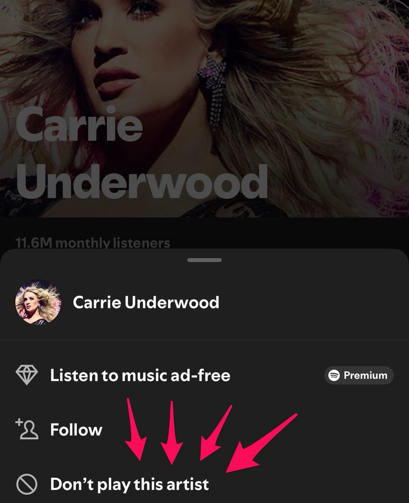 Image of Carrie Underwood’s Spotify page with the option below “Don’t play this artist”