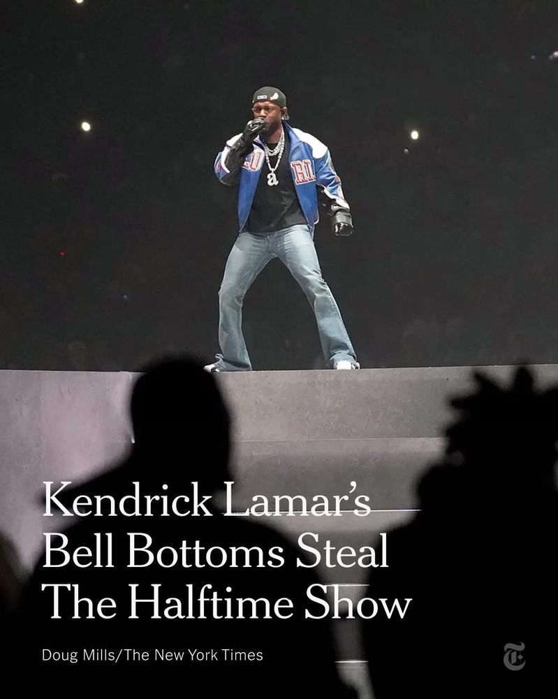 Picture of Kendrick Kamar with the text saying that his bell bottom jeans steal the Super Bowl halftime show