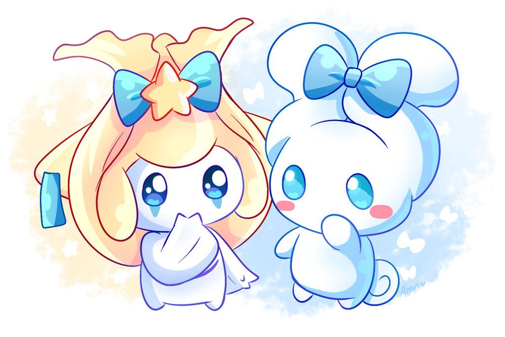 Jirachi and Cinnamoroll trying to match each other with a cute ribbon on their head!