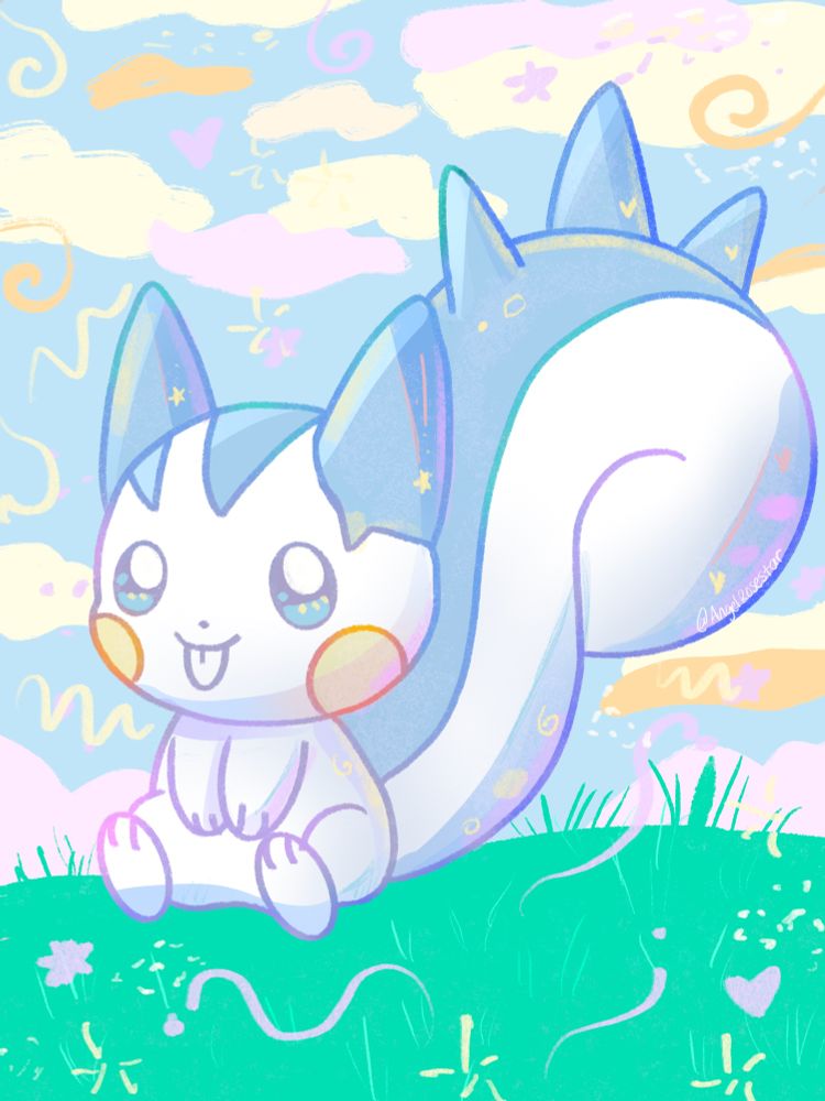 Pschirisu sitting on grass with colorful clouds and funky patterns around them.