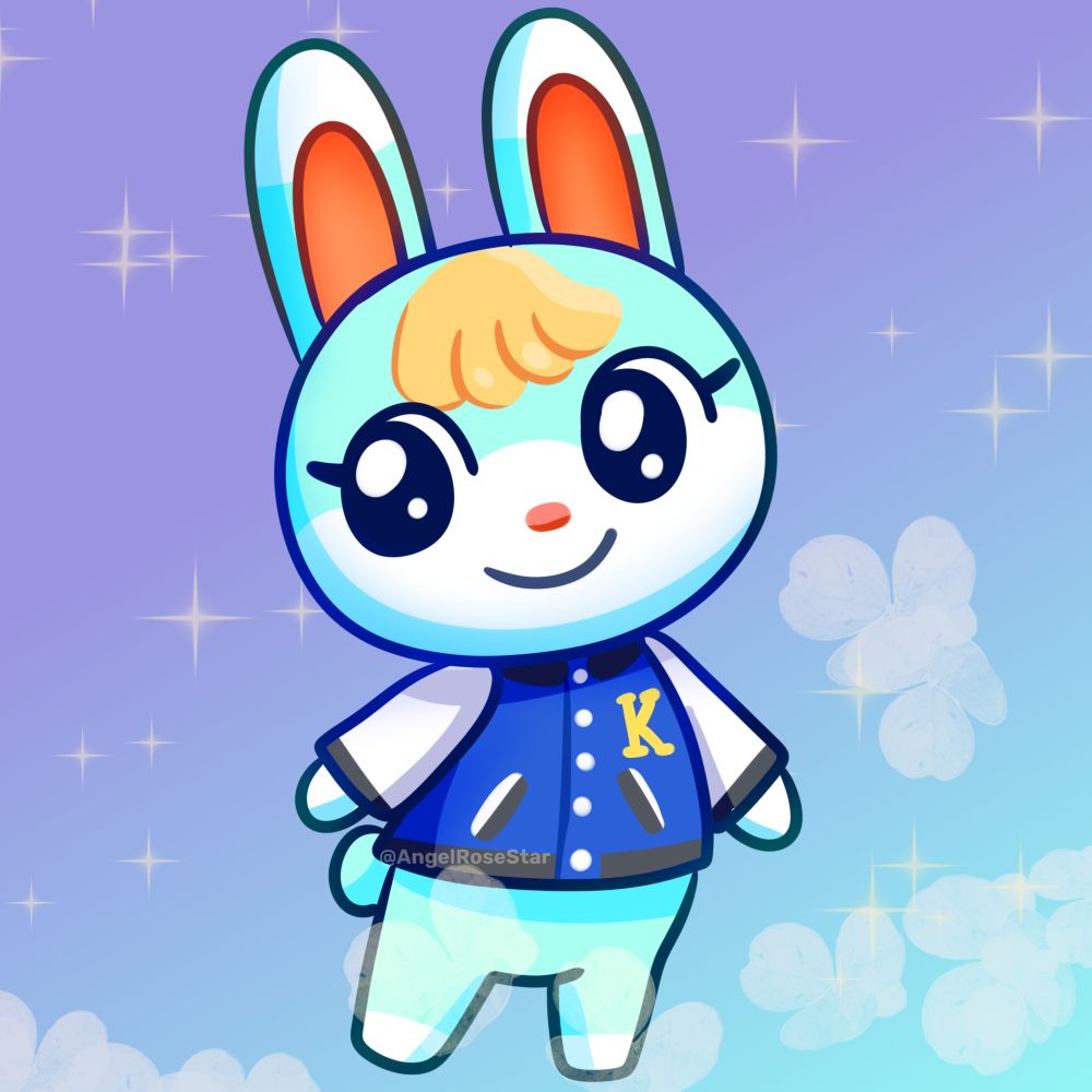 Sasha, a blueish bunny, with a jersey jacket! Has blonde hair on front! 