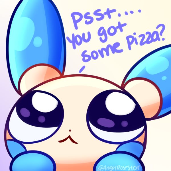 close up on minun asking " psst... you got some pizza?"