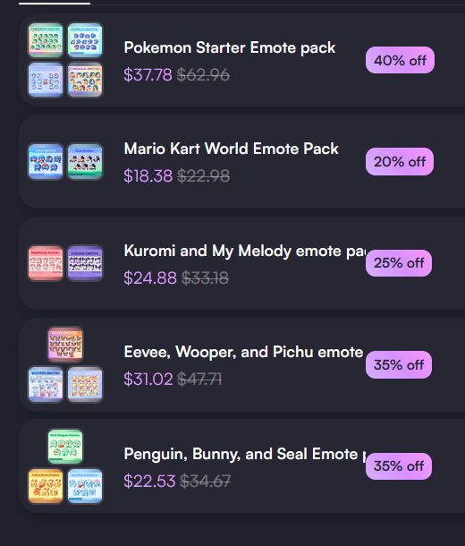  A list of emote bundles at my shop! 